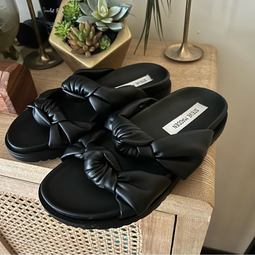 Steve Madden Melony Double Knot Black Slide‎ Sandals Faux Leather Size 6
